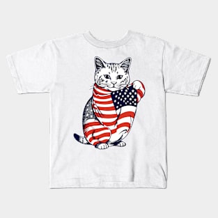 Cat American Flag 4th Of July Cute Patriotic Kitten Kids T-Shirt